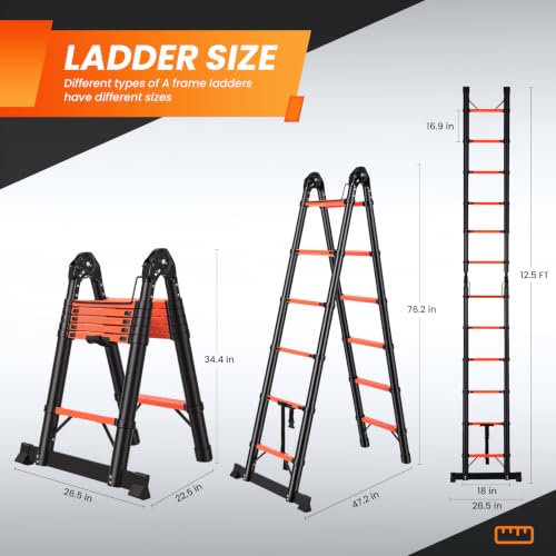 Image of Telescoping Ladder 12.5 FT A Frame, Extension Multi-Purpose with Balance Bar Heavy Duty 330 lbs Max Capacity for Home and Outdoor Work, Orange