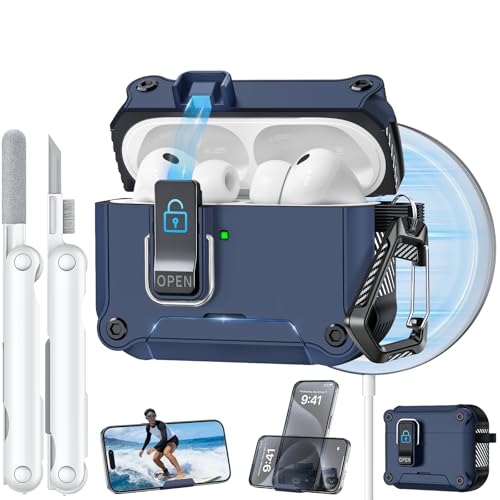 Image of Dual Safety Lock for AirPods Pro 3 Case 2025, Compatible with MagSafe | Designed with Automatic Switch and Phone Stand, Includes a Cleaner & Keychain - Rugged Tough Hard Shell