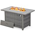 Fire Pit Table, HAPPATIO 42inch 50000 BTU Propane Fire Pit with Mental Fence Table Top, Lid, Black Glass Rock, CSA Safety Certified for Patio Balcony Backyard (Gray)