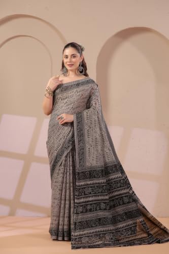 Image of TAMAIRA FASHION Mulmul Pure Cotton Saree For Woman Warli Printed|Office Wear Daily Wear Sarees For Women Without Blouse Piece(Available in 19 Colours)
