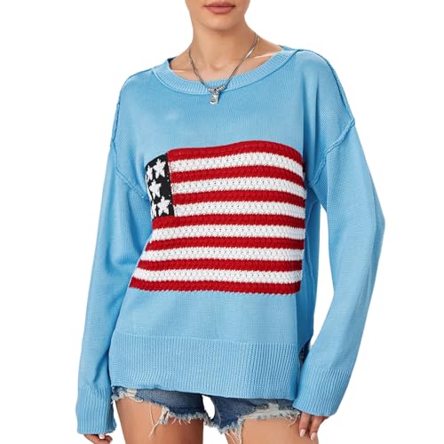 Image of Women American Flag Sweater Loose Vintage USA Sweatshirt Long Sleeve Crewneck Hollow Out 4th of July Jumper