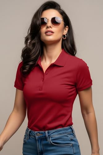 Image of JUNEBERRY Pure Cotton Regular Fit Plain Solid Classic Polo Collar Half Sleeve T-Shirt for Women (Colors: Olive, Maroon, Navy, Black, Green & Orange)