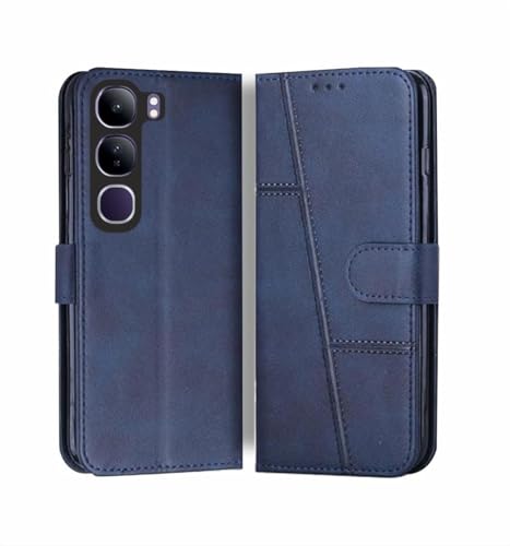 Image of for Vivo Y300 5G Flip Cover Leather Finish | Inside TPU with Card Pockets | Wallet Stand | Complete Protection Flip Case Blue