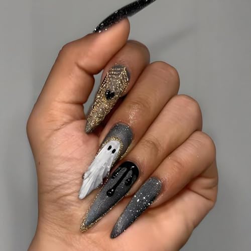 Halloween Press on Nails Long Almond MABKJLF Gray Fake Nails Fals...