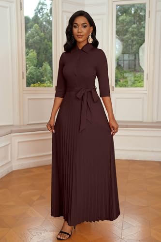 Image of Runwind Maxi Dresses for Women, 3 /4 Sleeve Botton Down Pleated Long Dress with Belt Casual Church Dress with Pockets