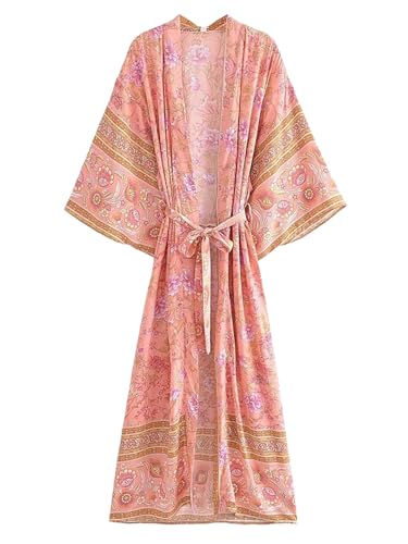 Kimono vintage rose pour femme à imprimé floral et col en V