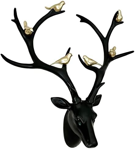 Darthome Ltd Matt Black Stags Wall Head Gold Birds Resin Reindeer Antlers Art Large Sculpture 56cm