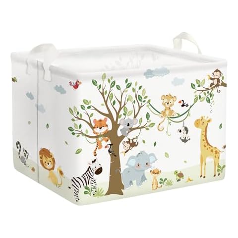 Clastyle 36L Woodland Vine Animal Tree Nursery Decor Baby Basket Collapsible Rectangle Giraffe Monkey Tiger Clothes Toy Book Shelf Basket Cover