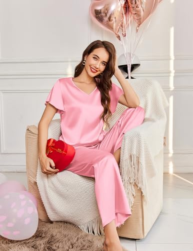 Image of Ekouaer Women's Satin Silky Pajama Set 2 Piece Short Sleeve Shirt with Long Pants Pjs Sets Soft PJ Loungewear S-XXL
