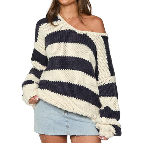 Women Striped Chunky Knit Sweater Drop Shoulder Long Sleeve V-Neck Oversized Sweater Pullover Loose Knit Jumper Top (Navy Blue, S)