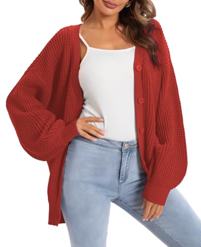 Image of QUALFORT Women's Oversized 100% Cotton Cardigan Sweater | Long Sleeve V Neck Button Down Open Front Knit Outerwear