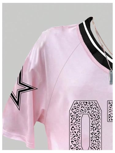 Image of RoseSeek Girl's Jersey Y2K Oversized Graphic Number Print Tops V Neck Short Sleeve T Shirt Hip Pop Tee Streetwear