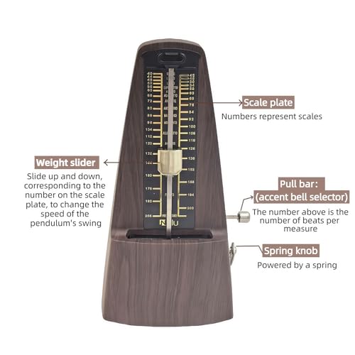 NALU Metronome - Classic Mechanical Wind-Up Design with Bell for Piano, Guitar, Violin & All Instruments (N-Wood Grain)