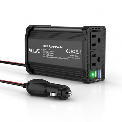 Image of ALLWEI 300W Power Inverter 12V DC to 110V AC Car Plug Adapter Outlet Converter with 27W PD USB-C &18W USB-A Fast Charger, Car Cigarette Lighter Adapter for Laptop Tablets Phones - Portable