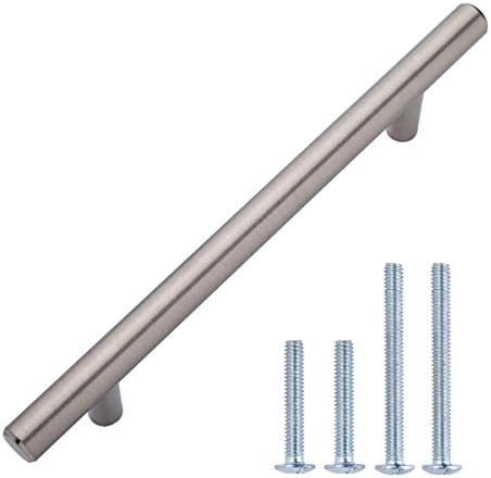 Amazon Basics Euro Bar Cabinet Handle (1/2-inch Diameter), 7.38-inch Length (5-inch Hole Center), Satin Nickel, 10-Pack