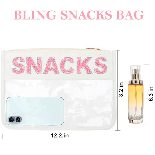 Clear Snack Bag For Travel Beach Work Waterproof, Bling Rhinestone Letter Cosmetic Bags Travel Toiletry Bag,Cute Snack Pouch Organization,Personalized Makeup Bag Gift For Women Girls (Pink-Snacks)2