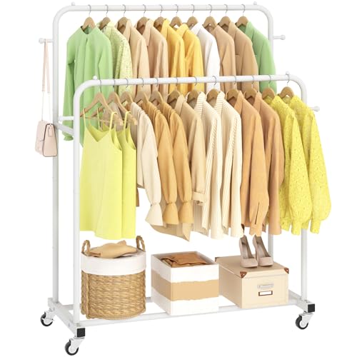 Image of Laiensia Double Rods Garment Rack with Wheels, Clothing Rack for Hanging Clothes,4 Hooks, Multi-functional Bedroom Clothes Rack, White