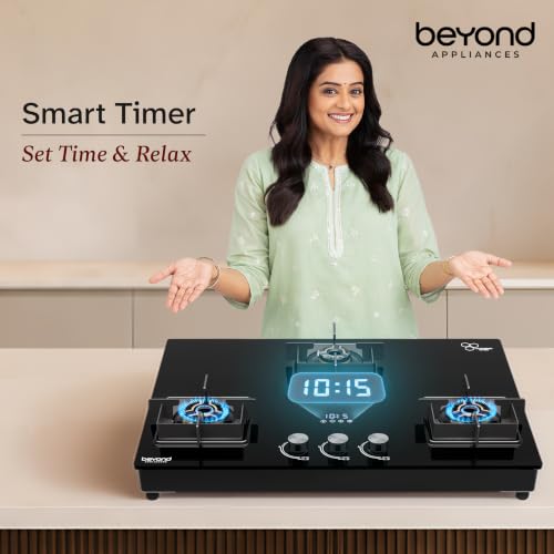 Image of Beyond Appliances Solaria 3 full Brass Burner Smart Gas Stove Auto Ignition | Digital Timer | Flame Failure Device | Toughened Glass | ISI Certified | LPG & PNG Compatible Cooktop | ISI Certified