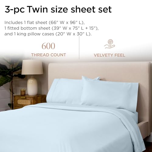 Image of Threadmill 100% Cotton Sheets for Twin Size Bed - 600 Thread Count Twin Bed Sheets Set with 15 inch Deep Pocket - Sateen Weave 3-Piece Bedding Set with Cooling Effect, Blue