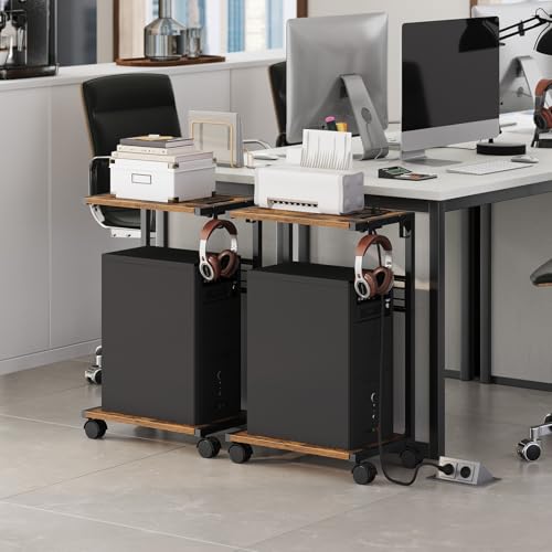 ZIIWIND PC Stand, Computer Tower Stand with Charging Station, 16.9"W x 11.4"D x 27.6"H, Computer Cart with Wheels and Hooks, CPU Holder for Carpet, Floor and Under Desk, Easy Assembly, Rustic Brown by ZIIWIND - Used condition - Image 8