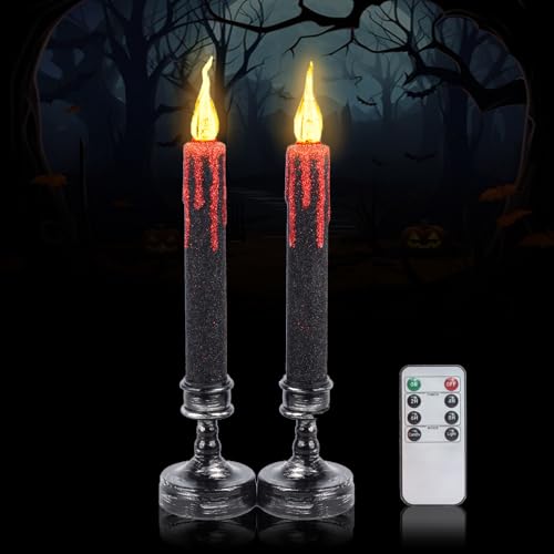 Nicrolandee Halloween Decorations, 2 PCS Blood Dripping Flameless Candles Led Taper Candle with Remote Control, Amber Warm Yellow Flickering Candle for Halloween Home Decor, Horror Party Decorations