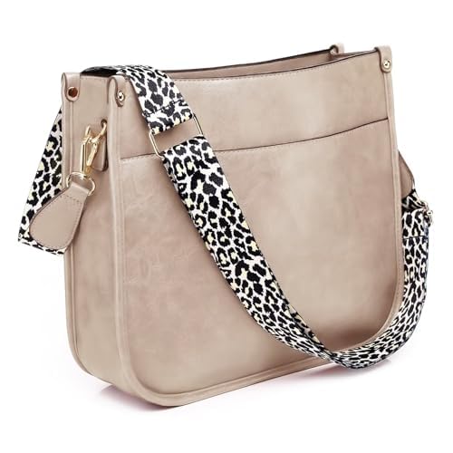 AUYOCO Vegan Leather Crossbody Bags for Women, Crossbody Purse with Guitar Strap Zipped Pockets Handbag Shoulder Bag, Beige(one Strap), 12.2" x 3.94" x 10.63"