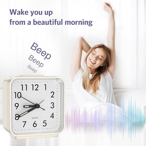 Image of Analog Alarm Clocks, Non Ticking Table Clock with Luminous Hand & Large Display, Battery Powered Silent Bedside Alarm Clock with Night Light Function & Snooze, for Bedroom, Office (White)