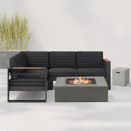 Christopher Knight Home Giovanna V Shape Sofa Set with Fire Pit, Sectional Sofa Chair, Patio Fire Pit Table, Group Armchair, Outdoor Conversation Set for 4, 5-Pieces Furniture Set with Fire Pit, Black