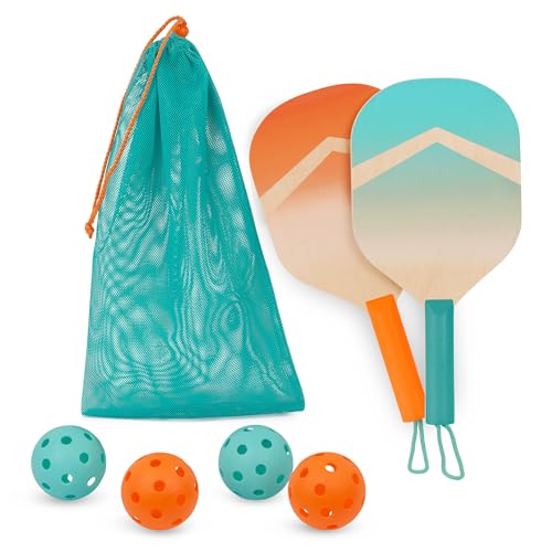 Image of B. toys Kids Pickleball Game, Wooden Paddle Set with Storage Bag, Activity | Includes 2 wooden paddles, 4 pickleballs in blue and orange, and 1 drawstring bag for active outdoor play, Activity, 3+ Years