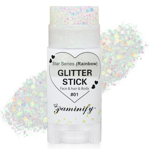 Paminify Rainbow White Hair Glitter Stick for Kids Mermaid Fairy Costume Body Face Glitter Singer Concert Cosplay Glitter Makeup Waterproof Sequins Rave Outfit for Women Mardi Gras Accessories