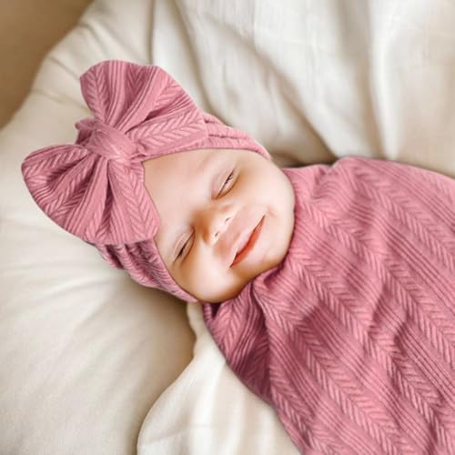 Image of AQOKKA Newborn Receiving Blanket with Bow Hat Headband Wooden Card Set Wheat-Pattern Newborns Toddler Baby Boy Girl Nursery Swaddle Wrap