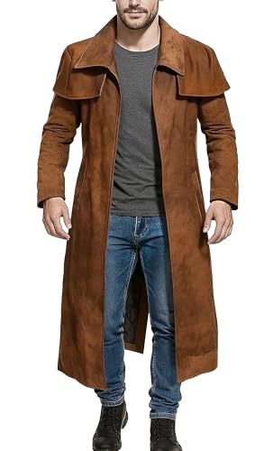 Mens Brown Suede Leather Trench Coat - Real Suede Leather Duster Coat - Western Duster Cowboy Coat for Men