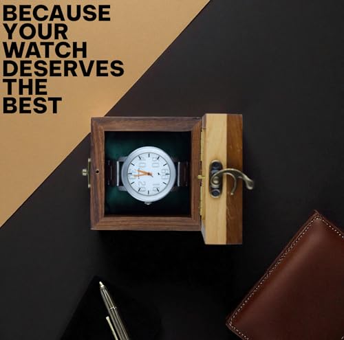 Image of Luxury Watch Box for Men - Watch Organizer with Glass Lid, Handmade Indian Solidwood Mens Watch Display Case, Velvet Cushions, Brass Lock, Premium Gift Storage Box for Watches. (1 Slot)