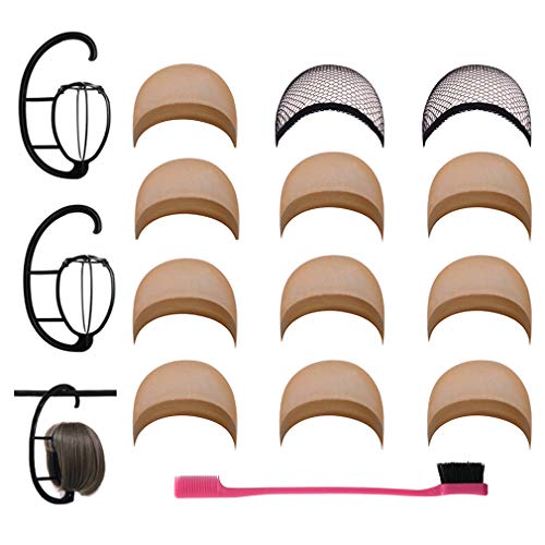 SEIKEA 2 Wig Hanger for Travelling Carrier with 12 Pack Brown Wig Cap 1 Edge Brush