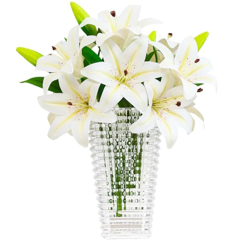 Olrla 6 pièces de lys artificiels blancs, 12 têtes fleuries et 6 boutons à tige courte - Fleurs artificielles pour décoration de mariage/bureau/maison/arrangement floral/bouquet DIY/tombe (sans vase)