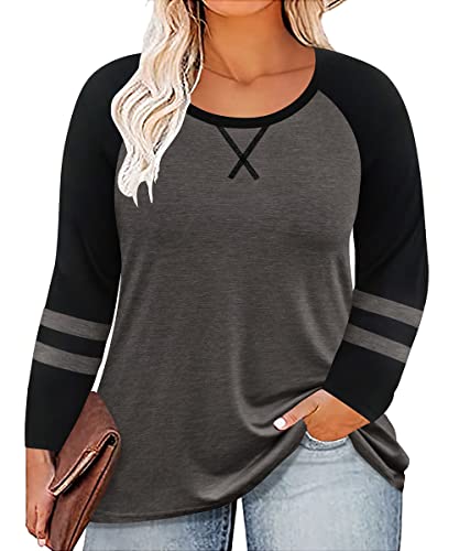Image of CARCOS Plus Size Tops for Women Long Sleeve Fall Tunic Color Block Camo /Plaid /Leopard /Fall Blouse Crewneck Tshirt XL-5XL