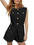 Tankaneo Womens 2 Piece Outfits Casual Suit Sets Sleeveless Button Down Blazer Vest Shorts Office Business Matching Set, Black, Large