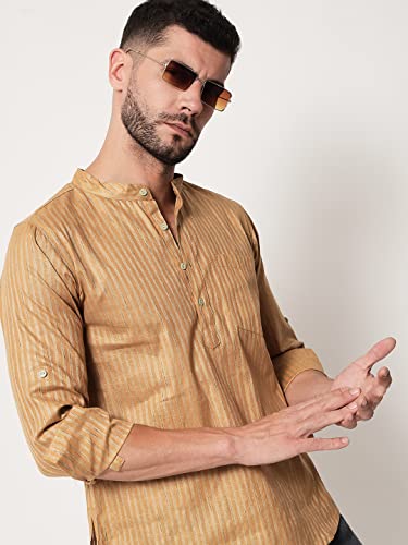 Image of Vastraa Fusion Men's Handloom Weaving Pure Cotton Short Kurta, Round Collar, Full Sleeves,Button Kurta, Ethnic Wear