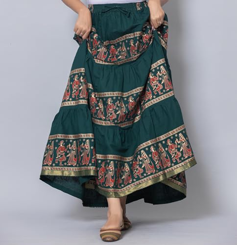 Image of Women's Cotton Printed Long Skirt | Ethnic Folk Print Tiered Maxi Skirt for Women | Elastic Waist Flared Boho Skirt | Traditional Casual for Women