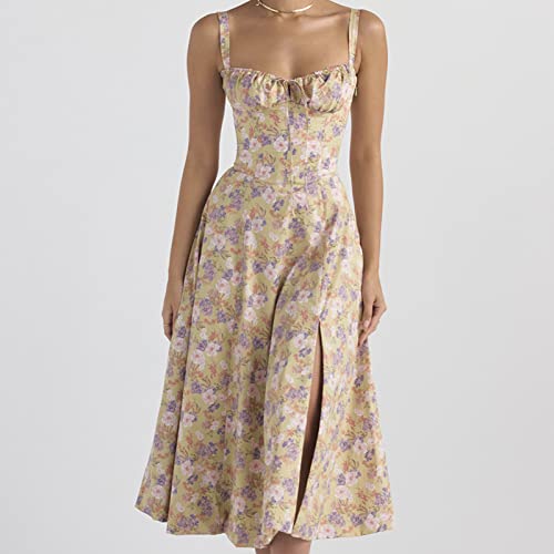 BBIQI Vestido feminino maxi floral de verão com decote quadrado sem mangas, costas nuas, sexy, casua