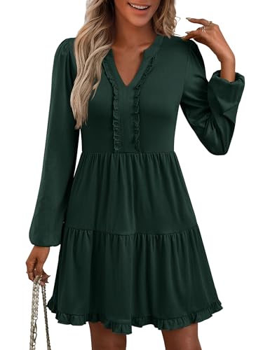 ANRABESS Womens Long Sleeve Dress 2025 Fall Casual V Neck Tiered Flowy Swing Short Mini Dresses Beach Travel Vacation Outfits