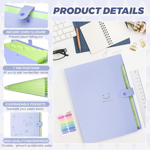 Expanding File Folder, 8 Pockets Accordion File Organizer, A4 Letter Size Paper Document Receipt Organizer Accordian Filing Folder for Classroom, Home, Office and Travel(Purple)