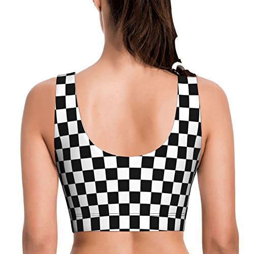Checkered Flag Women Padded Sports Bra Print Running Tank Top Yoga Bra Black #TOP2