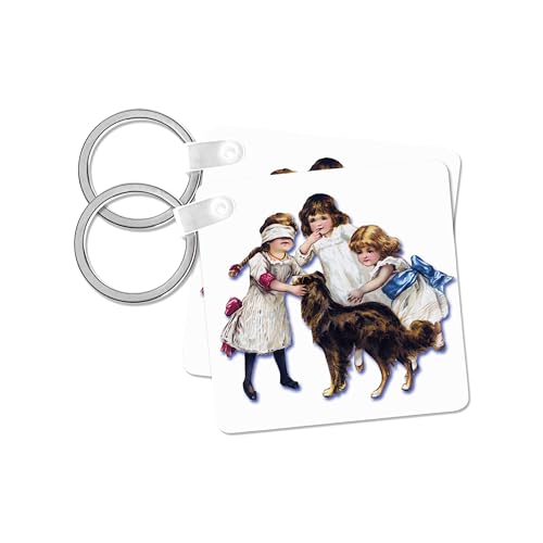3dRose, Cute Victorian Children Playing with a Collie Dog, set of 2 Key Chains