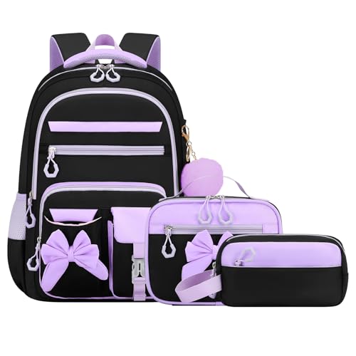 Amythe Schulrucksack Mädchen 3 Teilig, Schulranzen Kawaii 3. bis 7. Klasse mit Lunch Tasche Federmäppchen Gymnasium Fliege Dekoration mit Anti-Diebstahl-Tasche 24L-Lila Schwarz