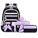 Amythe Schulrucksack Mädchen 3 Teilig, Schulranzen Kawaii 3. bis 7. Klasse mit Lunch Tasche Federmäppchen Gymnasium Fliege Dekoration mit Anti-Diebstahl-Tasche 24L-Lila Schwarz
