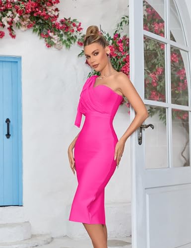Image of Mesh One Shoulder Bow Bodycon Midi Graduation Birthday Dinner Dress Bandage Party Dress