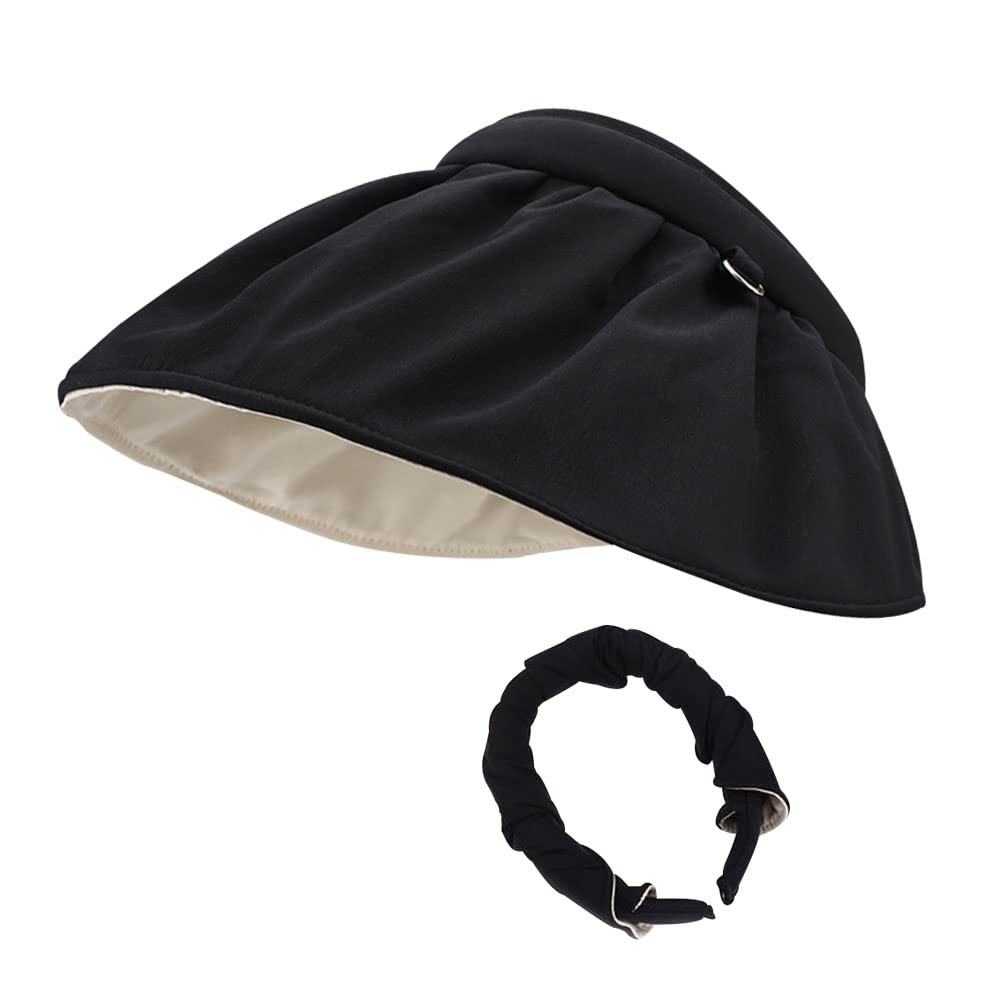 Sun Visor Hat for Women Girls Wide Brim Sweatband Beach Summer Tennis Sports Golf Cap Adjustable Ponytail Foldable Hat, Black, One Size