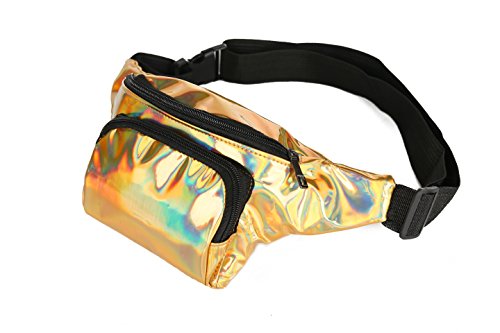 BFD One - Riñonera metálica brillante para hombre o mujer, talla única (turquesa) Dorado Bolsillo frontal holográfico dorado. Talla única
