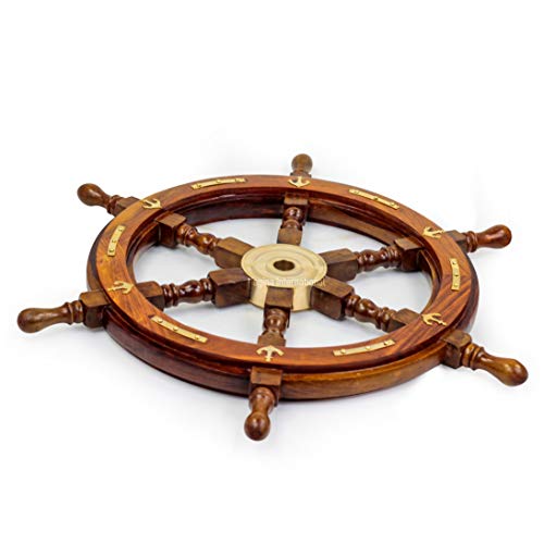 Image of Natural Wood Handcrafted Ship Wheel with Inlayed Brass Anchor and Rippets| Ocean Maritime Navy Decor | Nagina International (12 Inches)